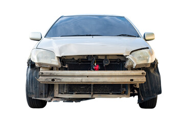Front of Old car get damaged by accident on the road. damaged cars after collision. isolated on...