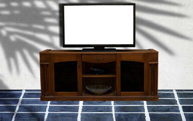 Television put on wood table in room