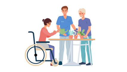 Occupational therapy activity rehabilitation session for disabled patient on wheelchair and standing with walker. Gardening activity for treatment and intervention of occupational therapist.