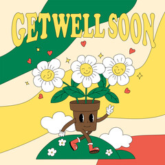 Speedy Recovery Card Cheerful Flowering Pot with Eyes Running Across the Field Smiling Daisies Cheer up a Sick Person