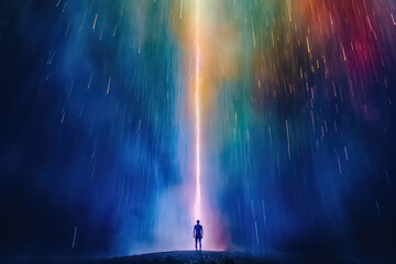 man standing in front of the huge rainbow portal gate, AI - obrazy, fototapety, plakaty