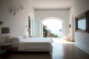 Generative AI illustration of minimalist bedroom interior design in mediterranean style, Generative AI