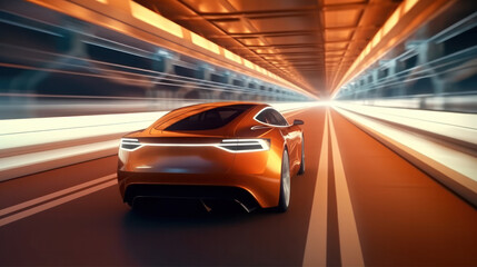 Plakat Modern generic electric vehicle drives on tunnel bridge. 3D illustration Generative AI.