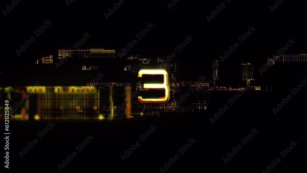 Poster 3d animation of number three glow glitch text digital effect cinematic title background. ending cove