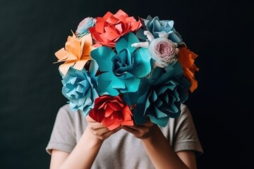 Female hands holding a bouquet of paper flowers. Generative AI