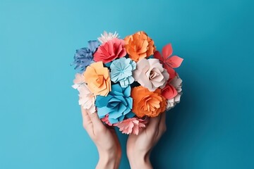 Female hands holding a bouquet of paper flowers. Generative AI