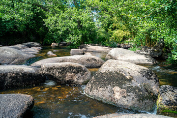 The river Aven in the village of Pont-Aven. The river's course is dotted with numerous boulders.
