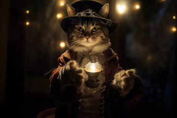 Halloween wizard cat with hat, halloween concept, AI