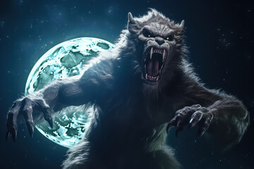 Scary figure of a werewolf on a halloween theme against the background of the full moon, AI
