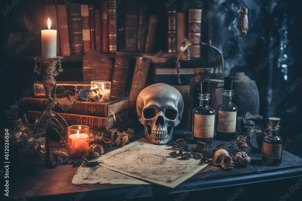 Wall mural Medieval alchemy laboratory with various flasks and old books during halloween, AI