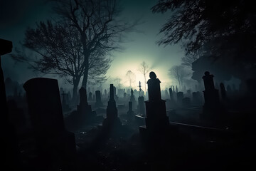 background dark and gloomy halloween cemetery, AI