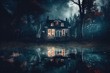 Dark spooky mystical bat castle, scary gloomy halloween mansion, AI