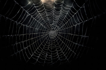 Fototapeta premium Spider web on black darkness, halloween background, AI