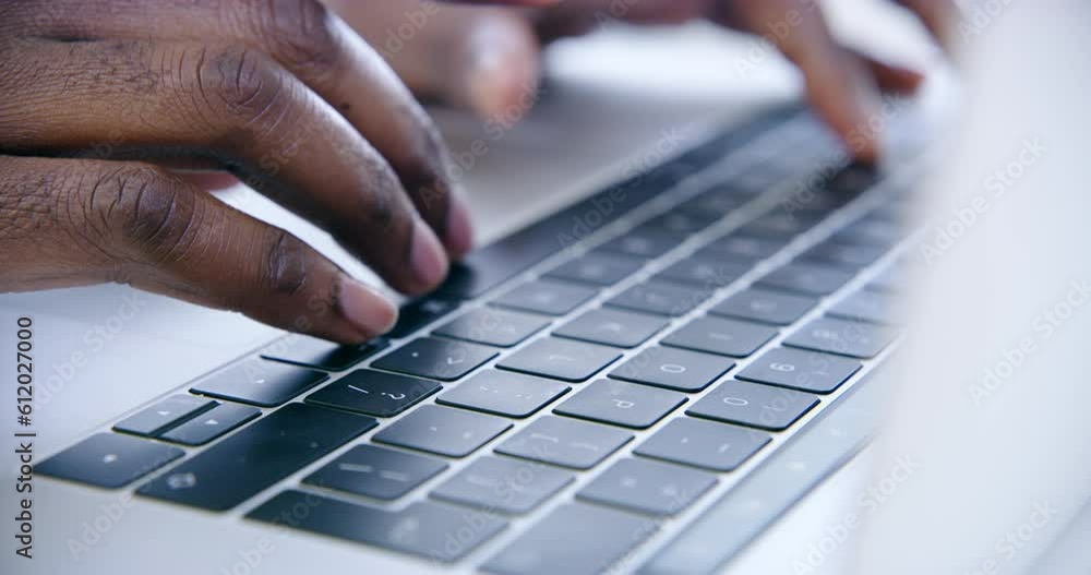 Poster hands, person and laptop typing on internet, research and planning digital information online. websi