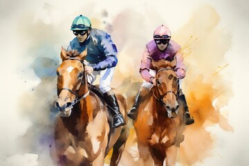 On a track, there are currently two jockeys riding their respective horses. Generative AI