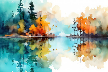 Beautiful watercolor autumn landscape with lush colorful autumn trees on the shore of a calm forest lake, AI