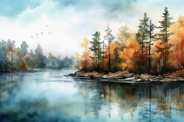 Naklejka na ściany i meble Beautiful watercolor autumn landscape with lush colorful autumn trees on the shore of a calm forest lake, AI