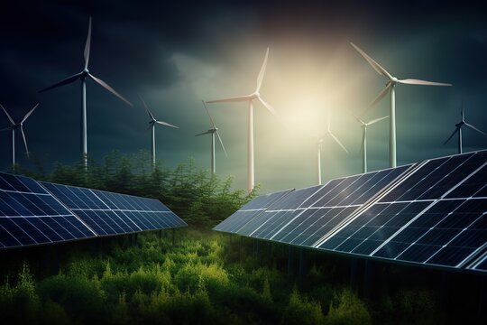 Wind energy turbine and solar panel, renewable energy. Generative AI