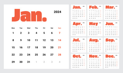 Minimalist style monthly calendar template for 2024 year. English calendar. Week starts on Monday. Set of 12 months. 90s style design with big letters, typographic elements