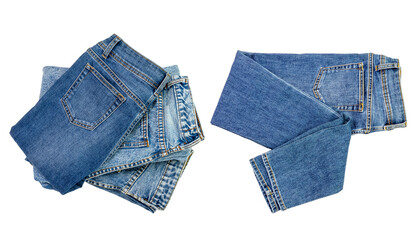 Blue jeans lined in a pile of jeans elements modern women's and men's fashion pants isolated...