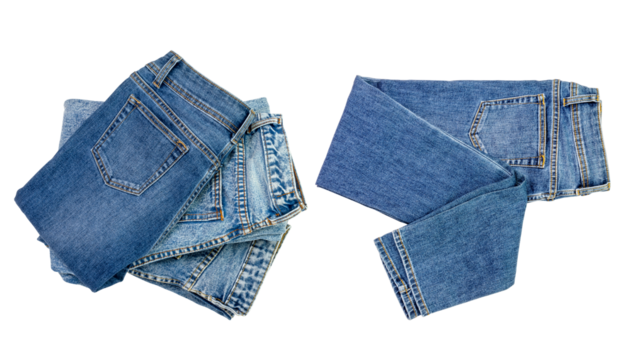 Blue jeans lined in a pile of jeans elements modern women's and men's fashion pants isolated cut-out background - clipping path