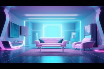 Futuristic living room with holographic furniture. Generative AI
