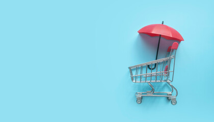 Concept of safety and protection in shopping. Warranty of a product. Consumer rights. An umbrella...