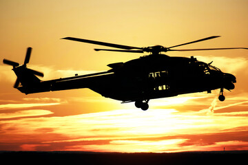 Fototapeta na wymiar Silhouette of a combat helicopter at sunset in the sky, side view, air transportation