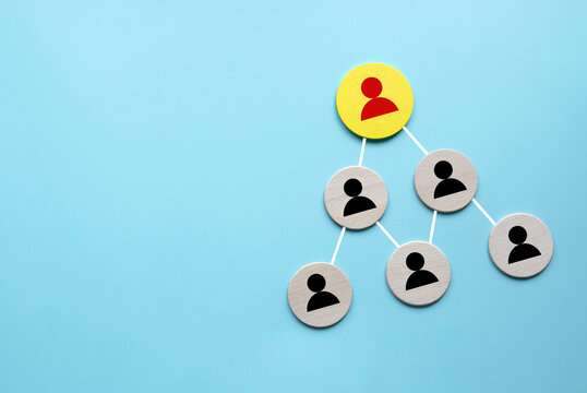 Company hierarchical organizational chart of wooden circle on blue background with copy space.