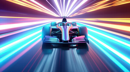 Speeding Sports Car On Neon Highway. Powerful acceleration of a supercar on a night track with colorful lights and trails. 3d illustration Generative AI.