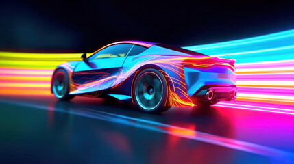 Obraz premium Speeding Sports Car On Neon Highway. Powerful acceleration of a supercar on a night track with colorful lights and trails. 3d illustration Generative AI.