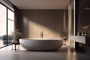 Naklejka na ściany i meble Luxury bathroom interior. Modern big gray bathtub. Generative AI