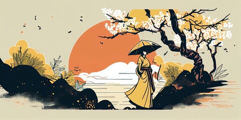 A woman in traditional Japanese ukiyo-e kimono welcoming summer, melancholy and nostalgia Subdued colors Abstract, elegant and modern illustration generated by AI