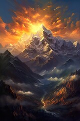 Sunrise over the mountains. AI generated art illustration.