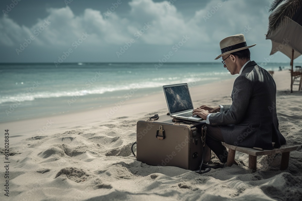 Poster a guy working on a laptop while sitting on a bench on the beach. generative ai