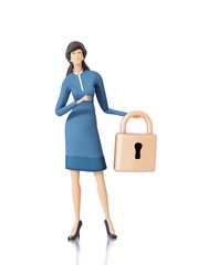 Businesswoman holds lock. Security, support, data protection concept  3d rendering illustration 