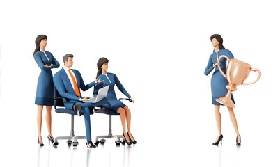 Obraz premium Business people with golden trophy. Winning, achievement concept 3d rendering illustration 