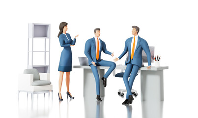 Business people having a meeting, discussing a deal, sharing ideas and working together. 3d rendering illustration 