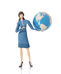 Businesswoman holds globe, showing America  continents. Winning, achievement concept  3d rendering illustration 