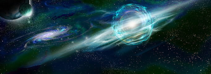 3D illustration view on Supernova extremely power explosion massive star with galaxy and exoplanet
