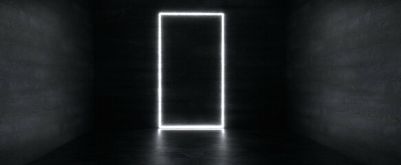 Glowing white frame door in dark room background. Black glitch 3d render flare of cyberpunk and rave parties. Digital futuristic billboard with highlights.