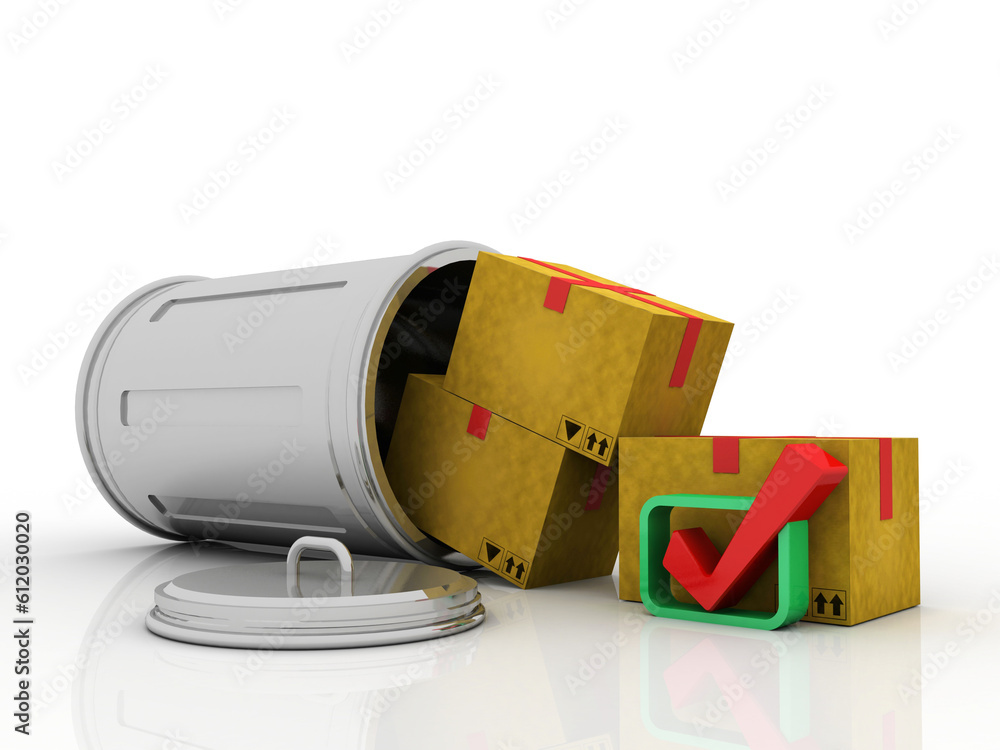 Poster 3d rendering cardboard boxes in trash