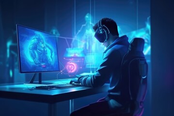 Analyst working with Business Analytics and Data Management System on computer to make report with KPI and metrics connected to database. Generative AI
