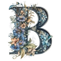 Letter B made of real natural flowers and leaves. Flower font concept. Unique collection of letters and numbers. Spring, summer and valentines creative idea. Generative AI