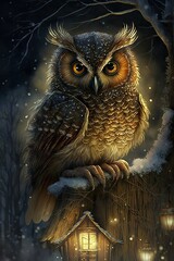 Owl sitting on a branch. AI generated art illustration.