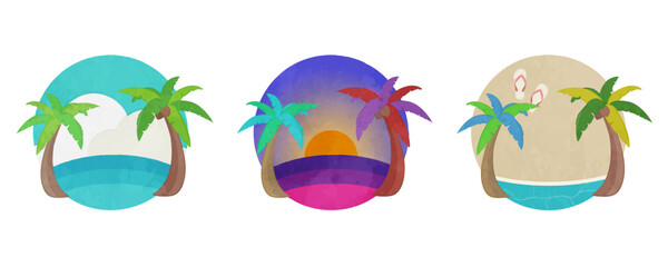 Cute palm trees and summer scenery illustration set