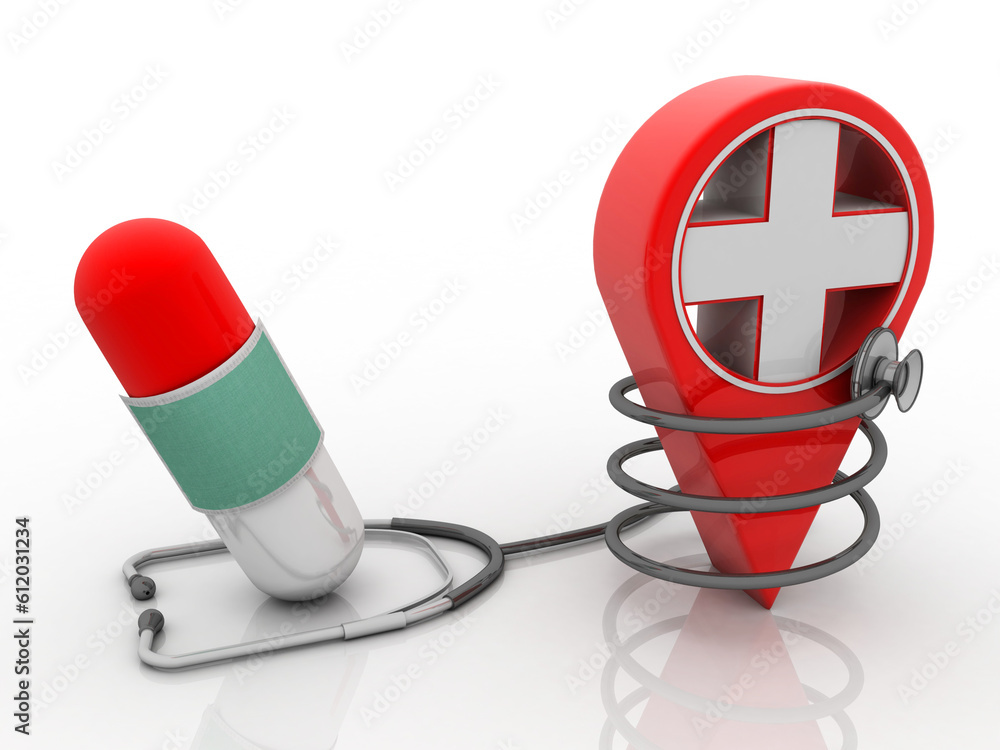 Poster 3d rendering hospital navigation with stethoscope connected mask protected pill
