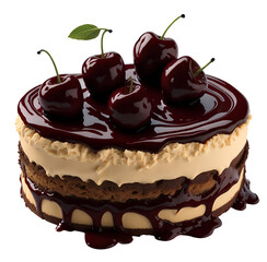 A cake with chocolate icing and cherries on top clipart on the white background. AI Generative.