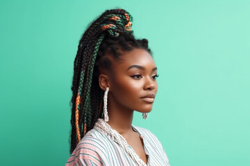 Pretty young afro-american woman with braids on the mint green background. Generative AI - obrazy, fototapety, plakaty