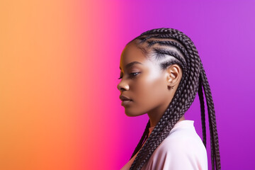 Profile of a pretty young afro-american woman with braids posing on the gradient background, copyspace. Generative AI